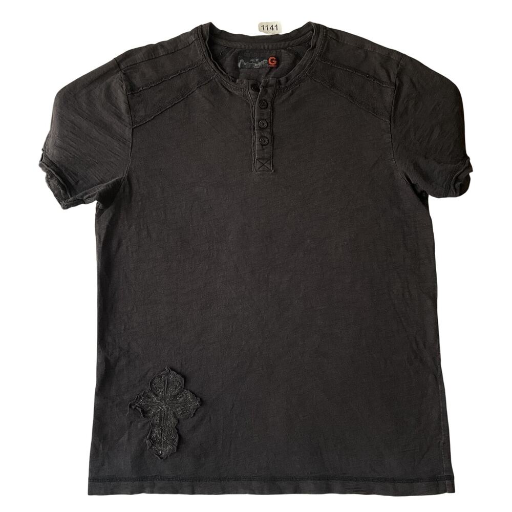 Guess Men Shirt M Dark Gray Cross Embroidery Patch Button Short Sleeve Henley